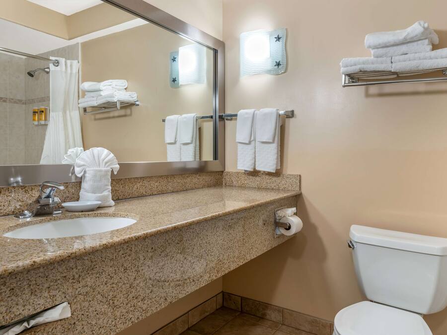 A bathroom with a granite countertop sink, a mirror, a toilet, and towel racks.