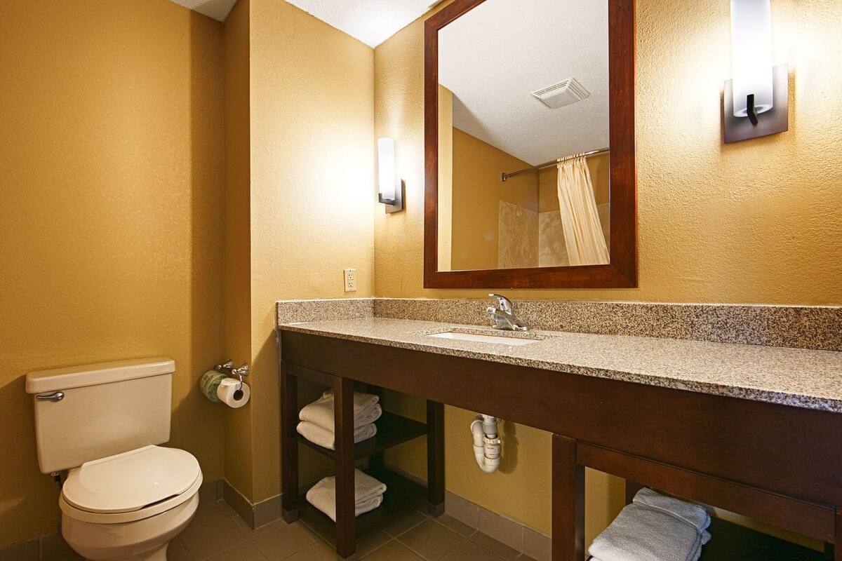 Un baño con inodoro, lavamanos, espejo, toallero y cortina de ducha.
