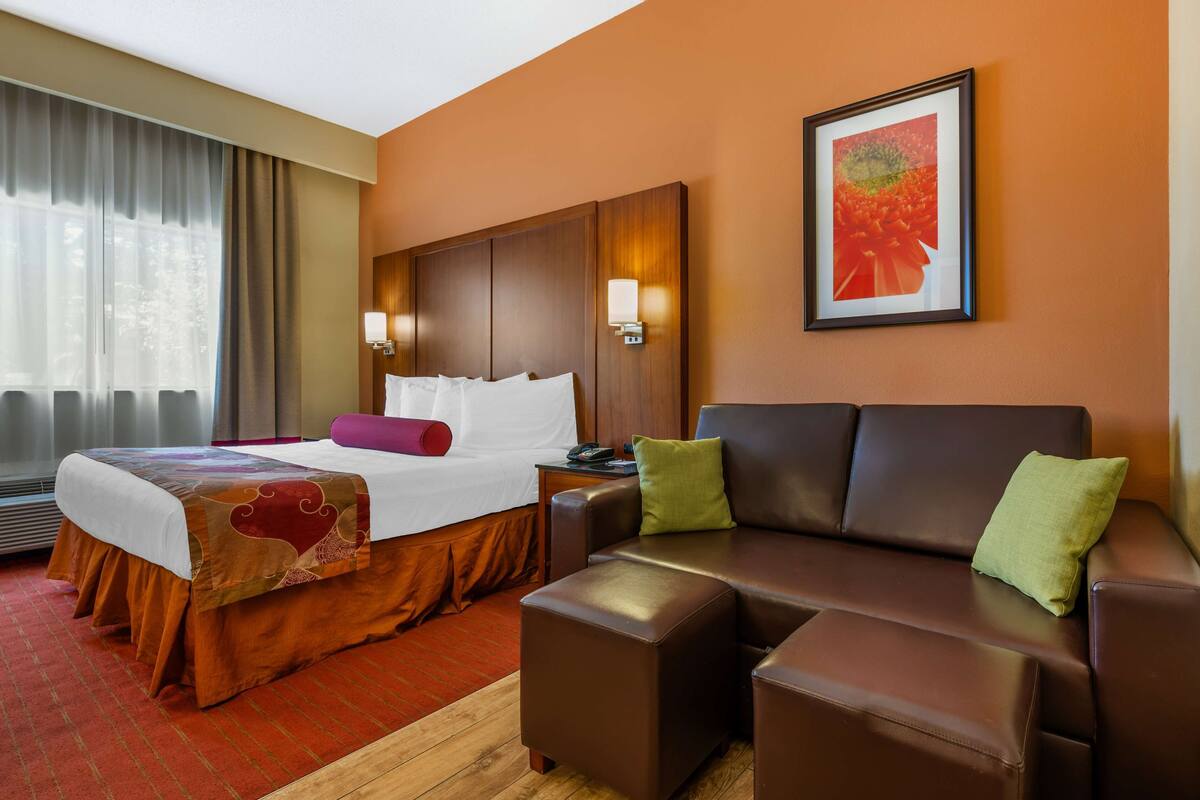 Una habitación de hotel con una cama grande, un sofá y un cuadro en la pared.