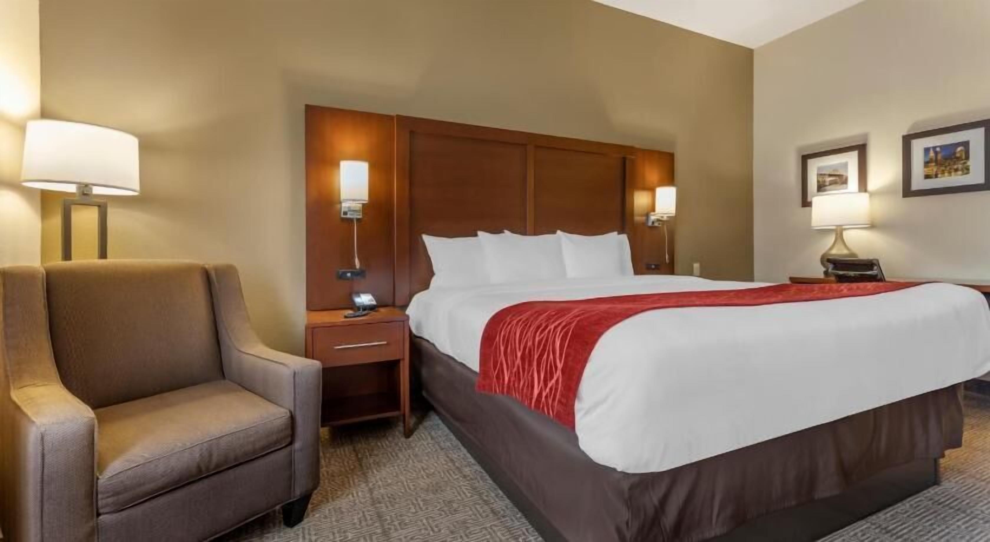 Premium bedding, desk, laptop workspace, blackout drapes