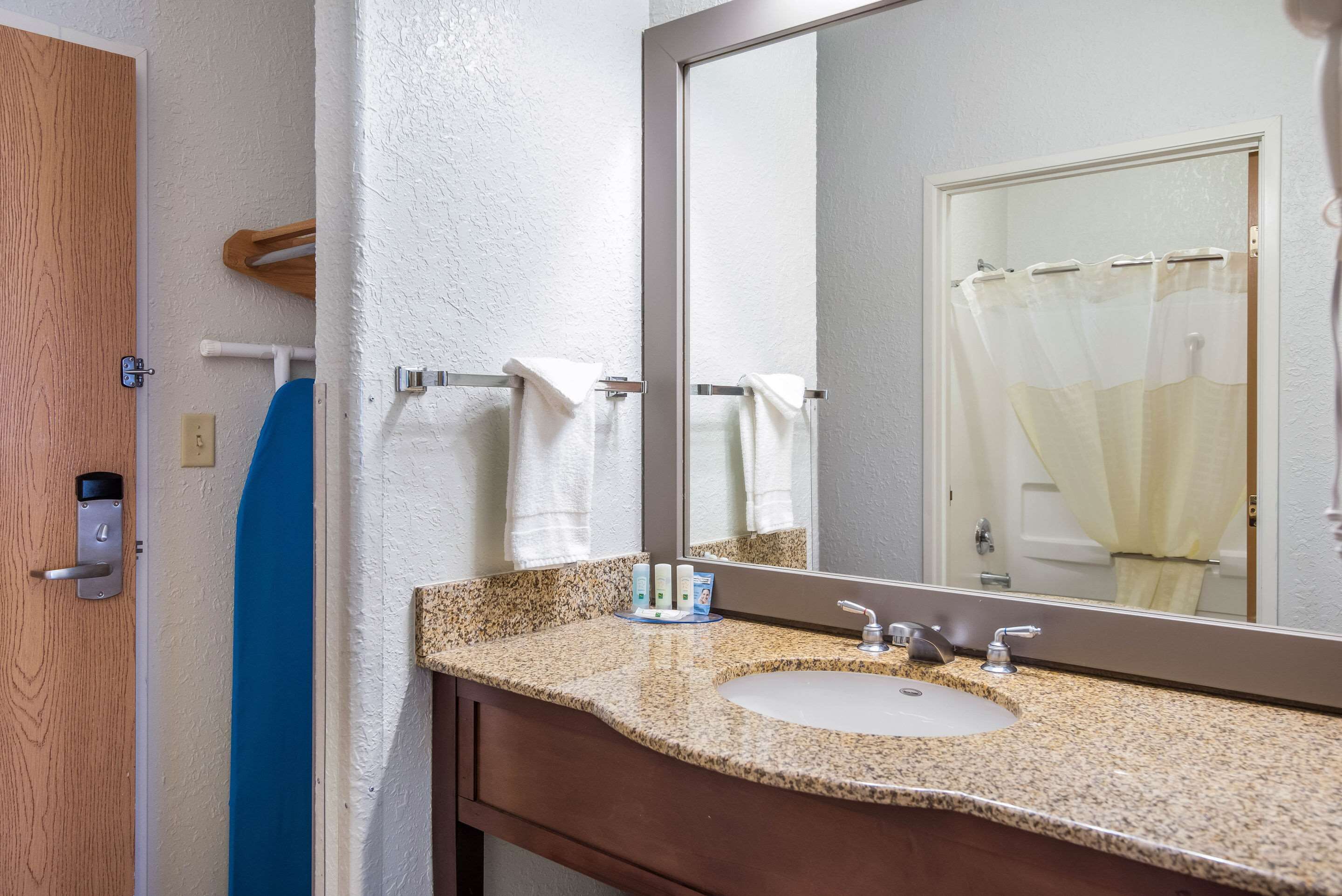 A bathroom with a granite countertop sink, a large mirror, a towel rack, and a shower curtain.