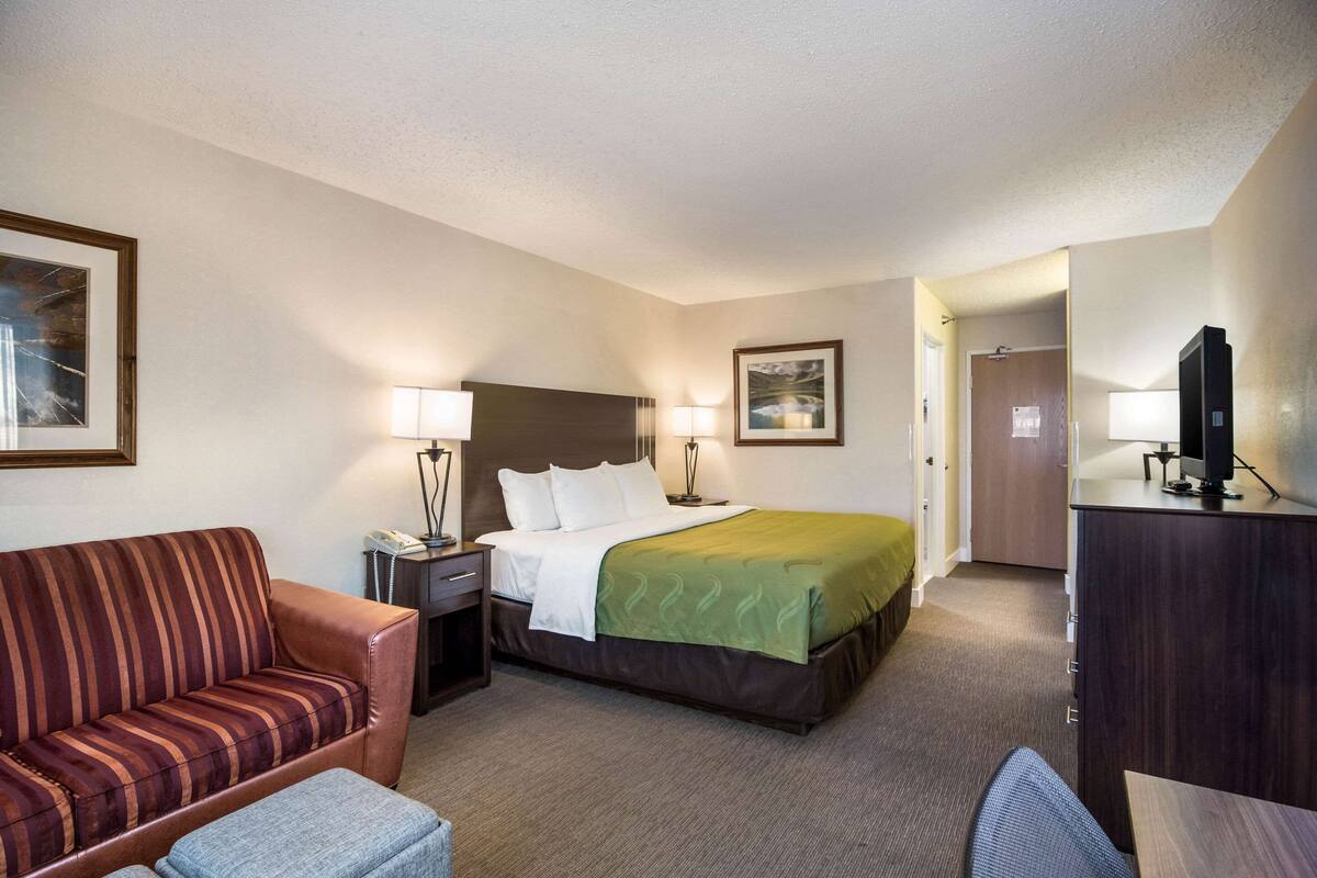 A hotel room with a bed, a sofa, a desk, and a TV.