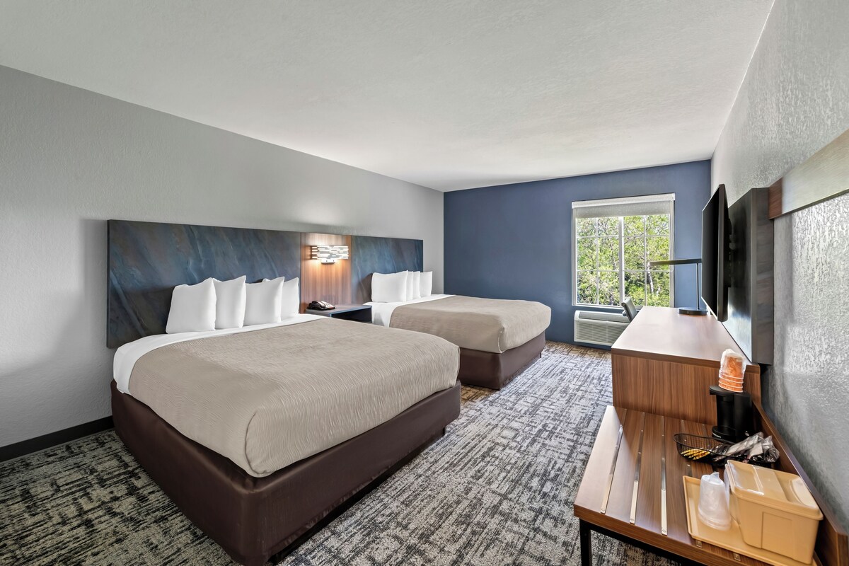 Habitación de hotel con dos camas, un escritorio con cafetera, televisión y ventana con vista a áreas verdes.
