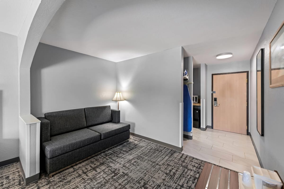 A modern living room with a grey sofa, a patterned rug, and a lamp.