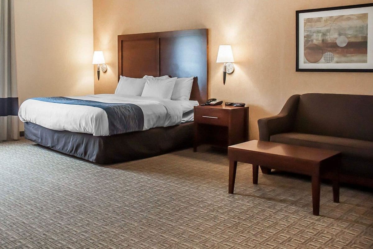 A hotel room with a large bed, a bedside table with a lamp, a small table, a sofa, and a painting on the wall.
