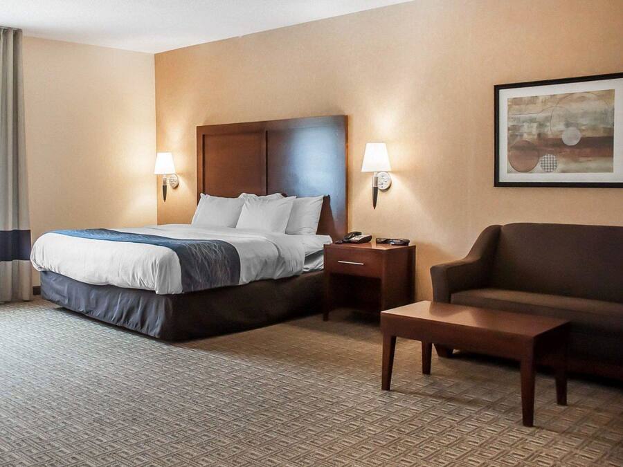 A hotel room with a large bed, a bedside table with a lamp, a small table, a sofa, and a painting on the wall.