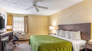 A hotel room with a bed, desk, chair, and a ceiling fan. - Quality Inn Burkeville Hwy 360 & 460 (Burkeville)