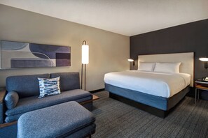 Down duvets, desk, laptop workspace, blackout curtains