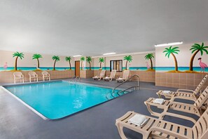 Indoor pool, open 10:00 AM to 10:00 PM, sun loungers