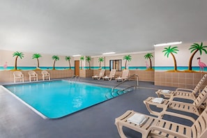 Indoor pool, open 10:00 AM to 10:00 PM, sun loungers