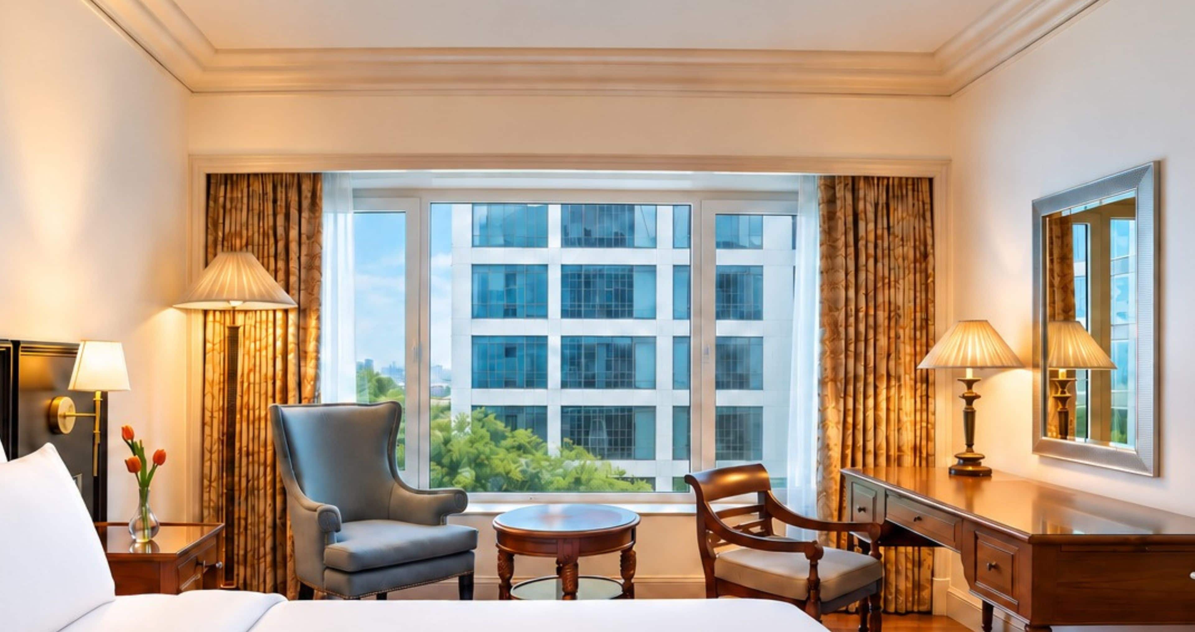 A hotel room with a large window, two chairs, a desk, and a bed.