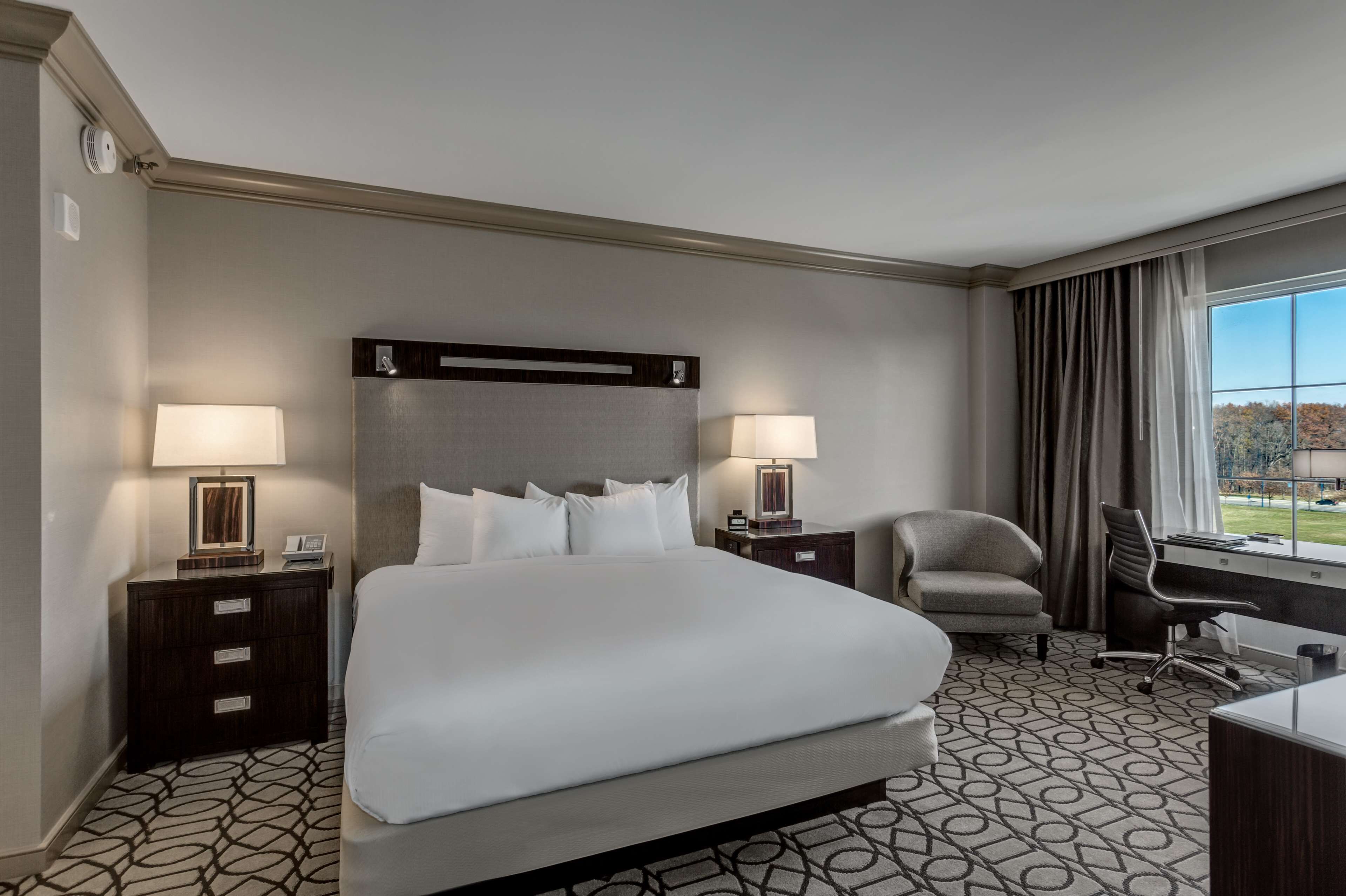 A hotel room with a large bed, two bedside tables with lamps, a chair, a desk, and a view of a park through the window.