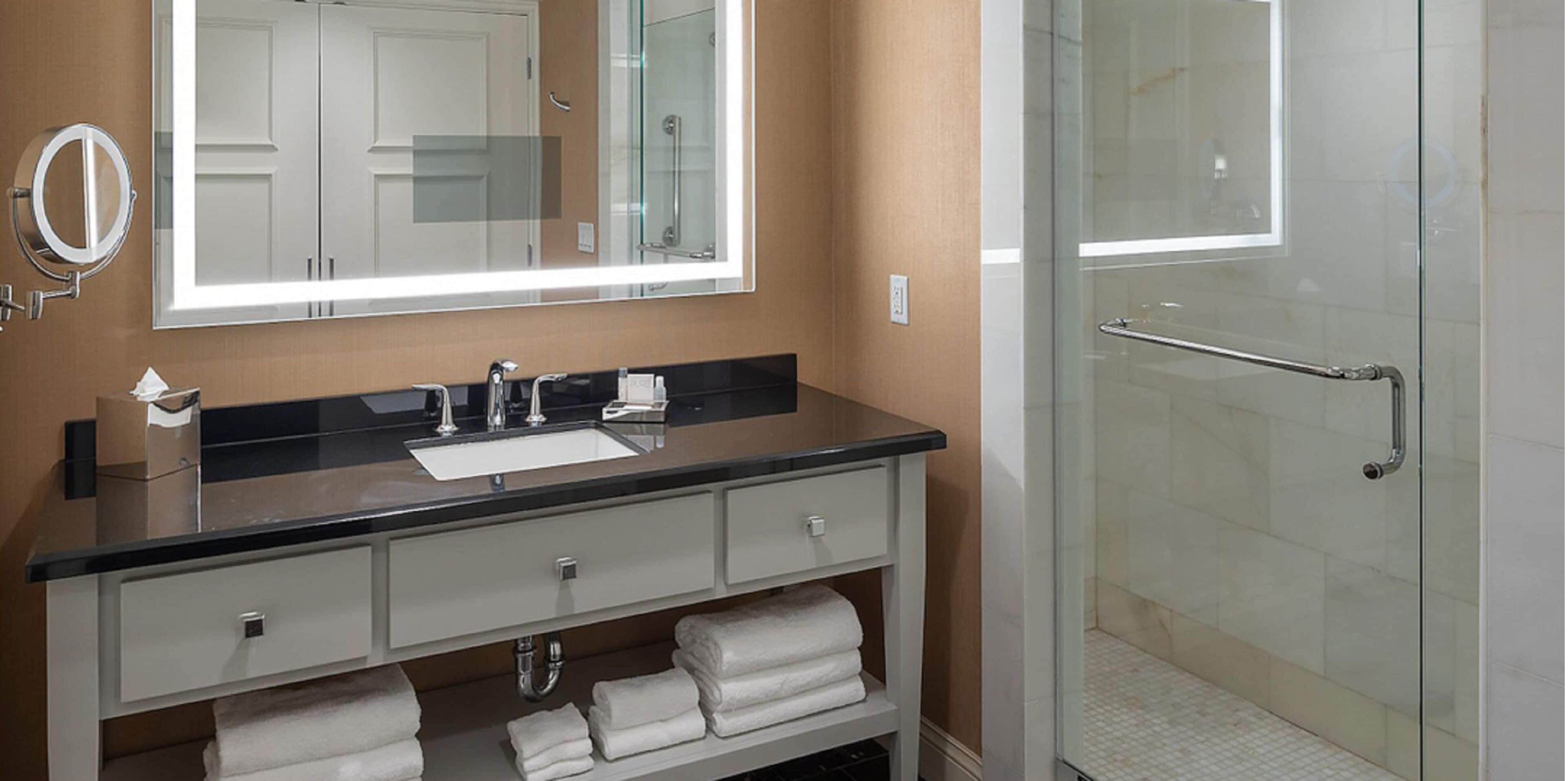 Un baño con un espejo grande, una encimera negra, un lavabo y una ducha con cerramiento de vidrio.