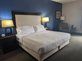 Desk, laptop workspace, blackout drapes, iron/ironing board