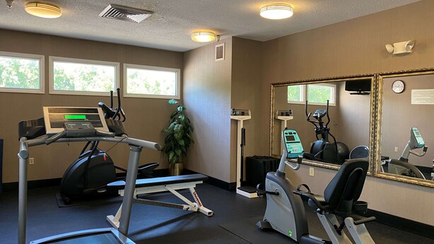 Un gimnasio con cintas de correr, una elíptica y una bicicleta estática. Hay ventanas con vistas a árboles y un espejo en la pared.