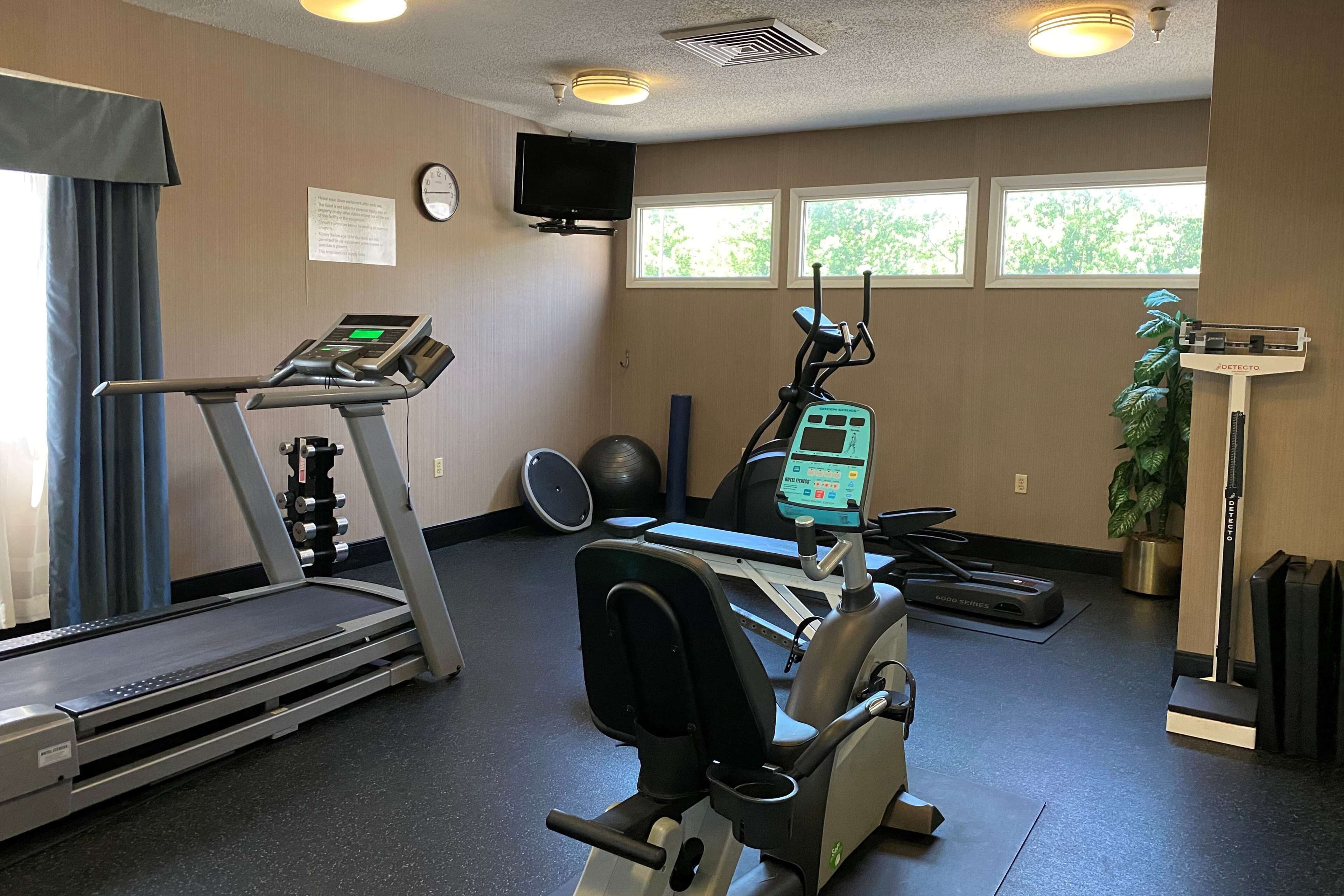 Ein Fitnessraum mit Laufband, Crosstrainer, Ergometer und Übungsbällen.