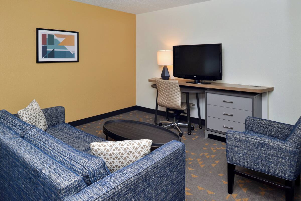 Une chambre d’hôtel avec un canapé bleu, un bureau équipé d’un ordinateur et d’une télévision, et un coussin à motifs.