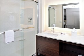 A modern bathroom with a glass shower enclosure, a white sink, and a large mirror above the vanity. - Holiday Inn & Suites Overland Park-Conv Ctr by IHG (Overland Park)