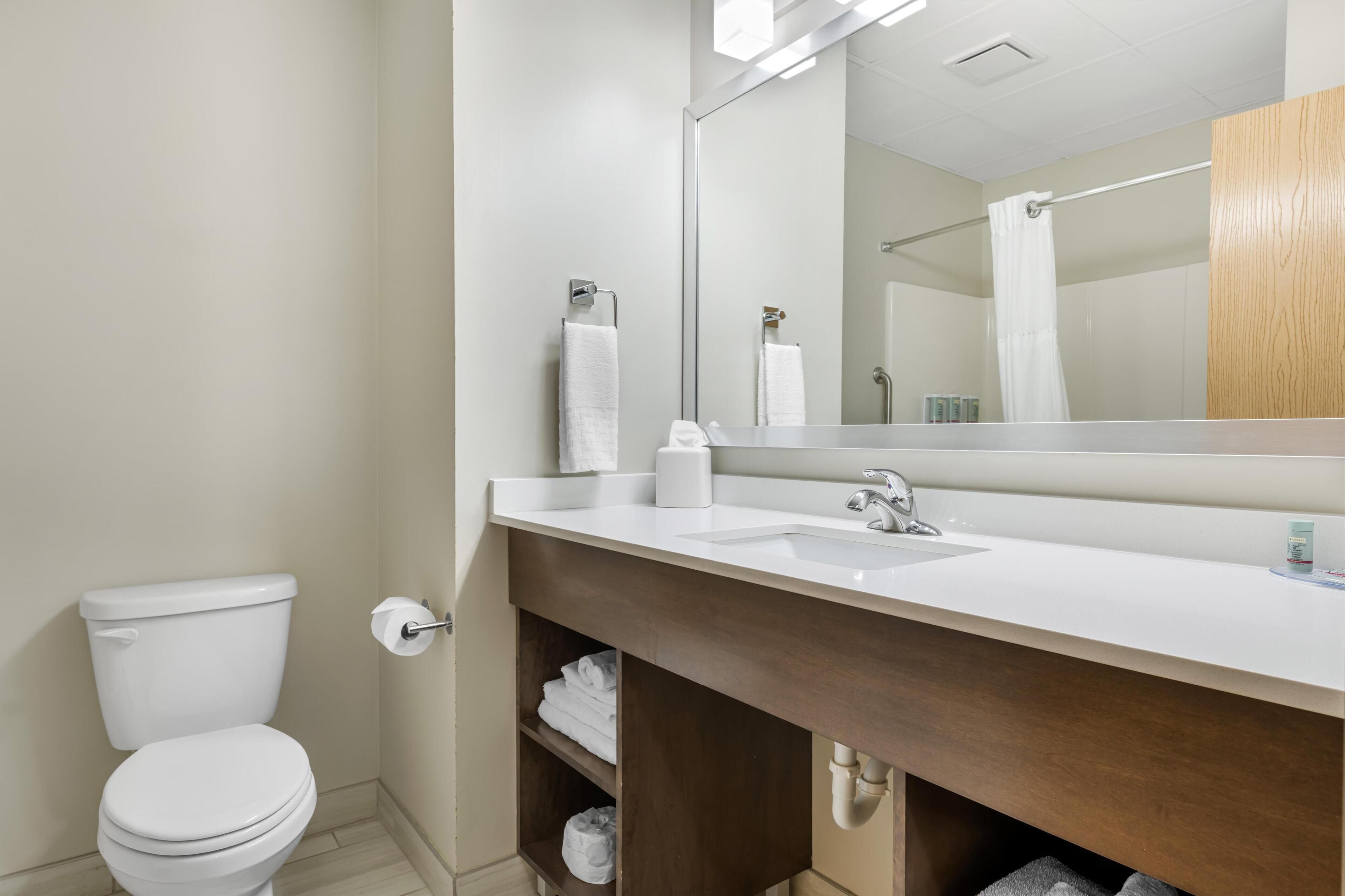 standard room, 2 queen beds, non smoking, refrigerator | bathroom | hair dryer, towels