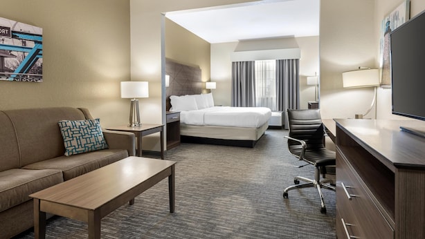 A hotel room with a bed, a desk, a chair, a sofa, and a TV. - Best Western Brockport Inn & Suites (Brockport)