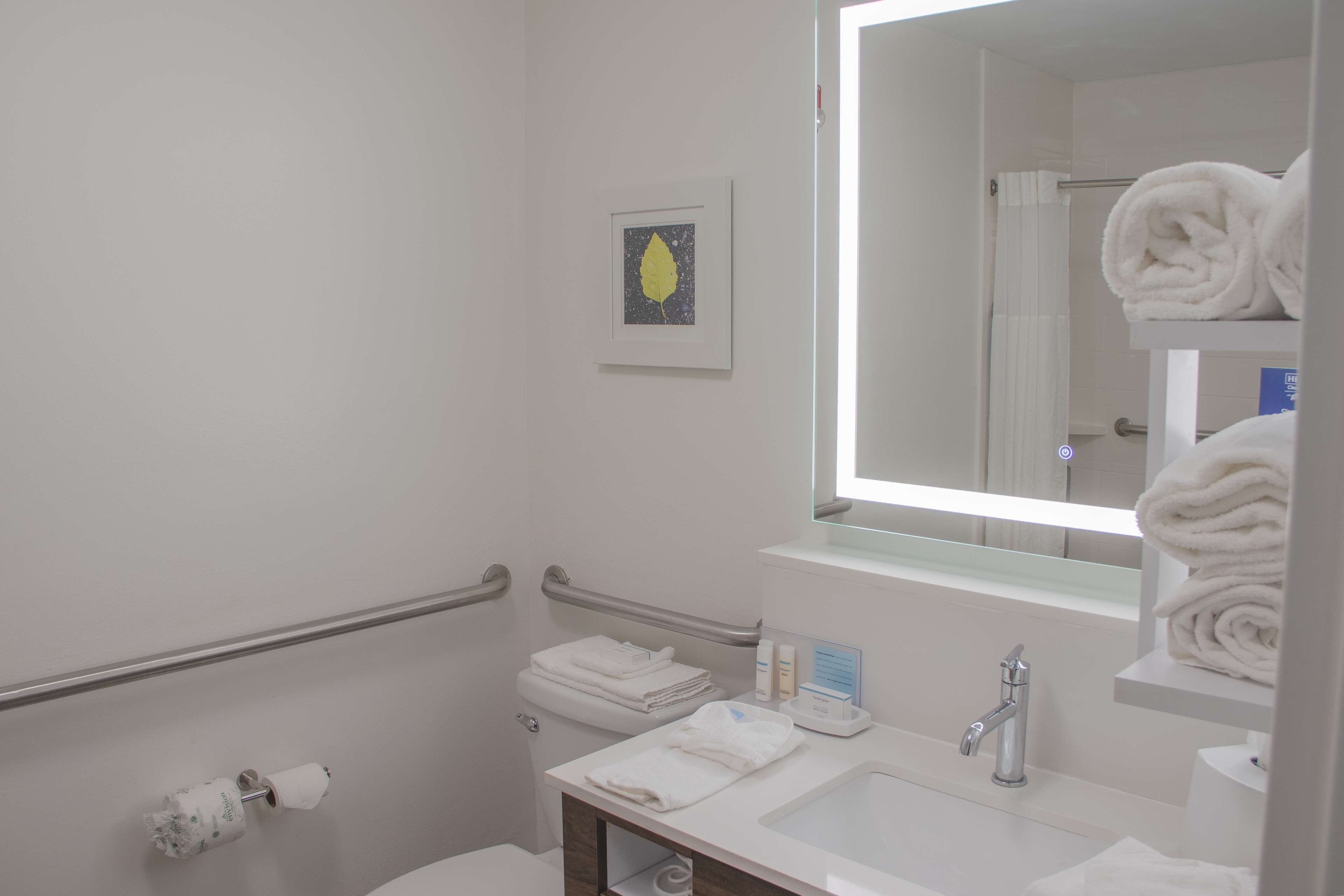 Une salle de bain avec des toilettes, un lavabo et un miroir. Des serviettes sont pliées sur le lavabo et un tableau encadré est accroché au mur.