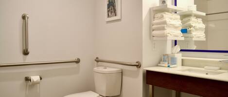 A bathroom with a toilet, handrails, a sink, and a mirror.