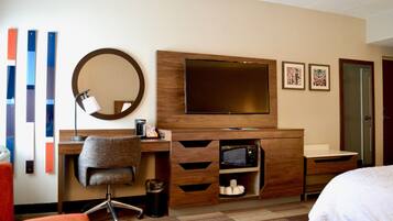 Desk, laptop workspace, blackout drapes, soundproofing