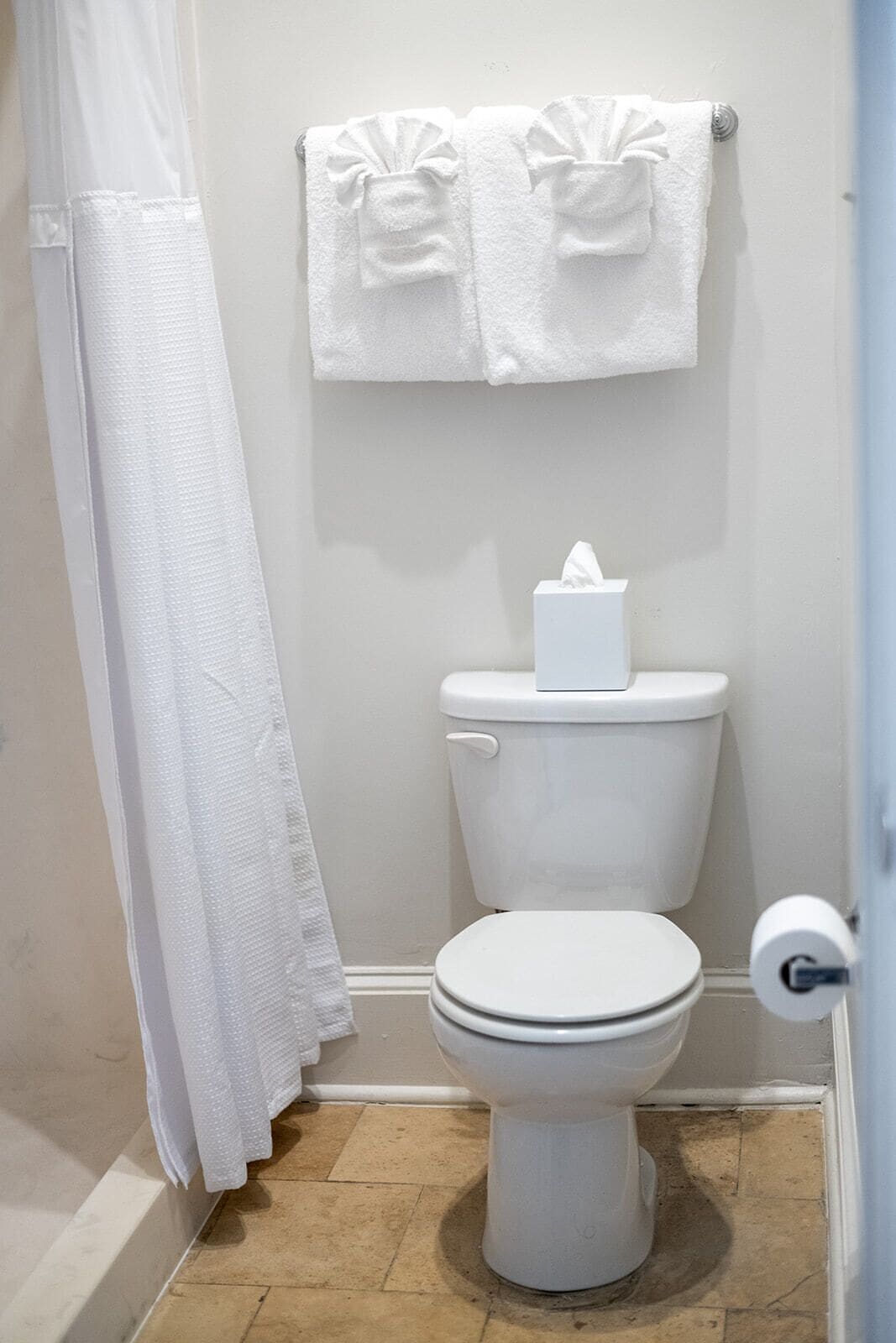 A bathroom with a toilet, a tissue box, and a shower curtain.