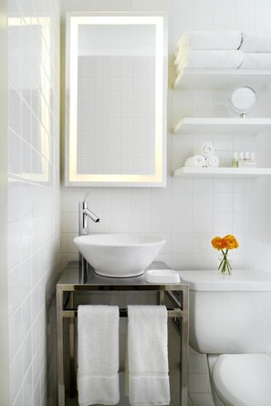 Designer toiletries, hair dryer, towels