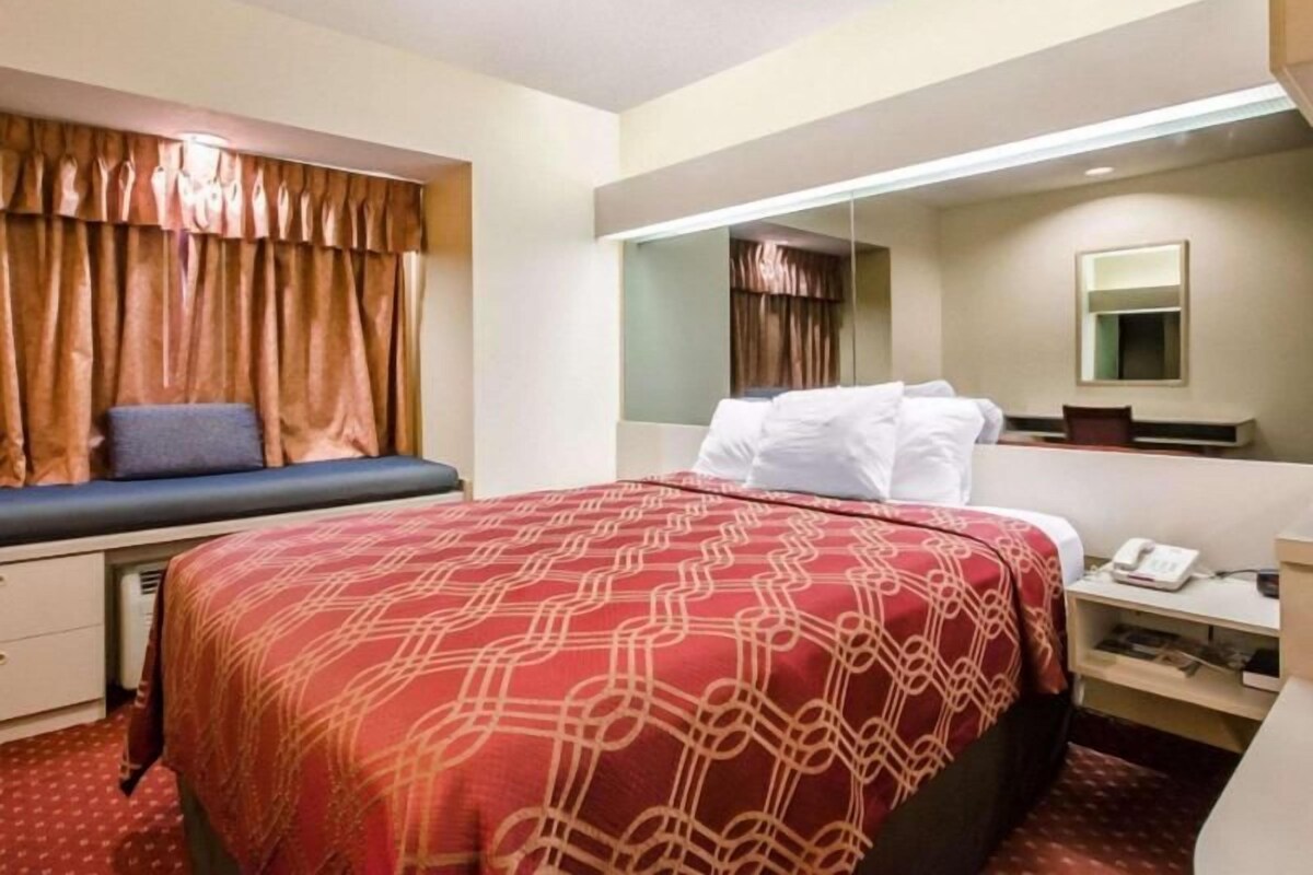 Una habitación de hotel con cama, mesita de noche, lámpara y espejo.