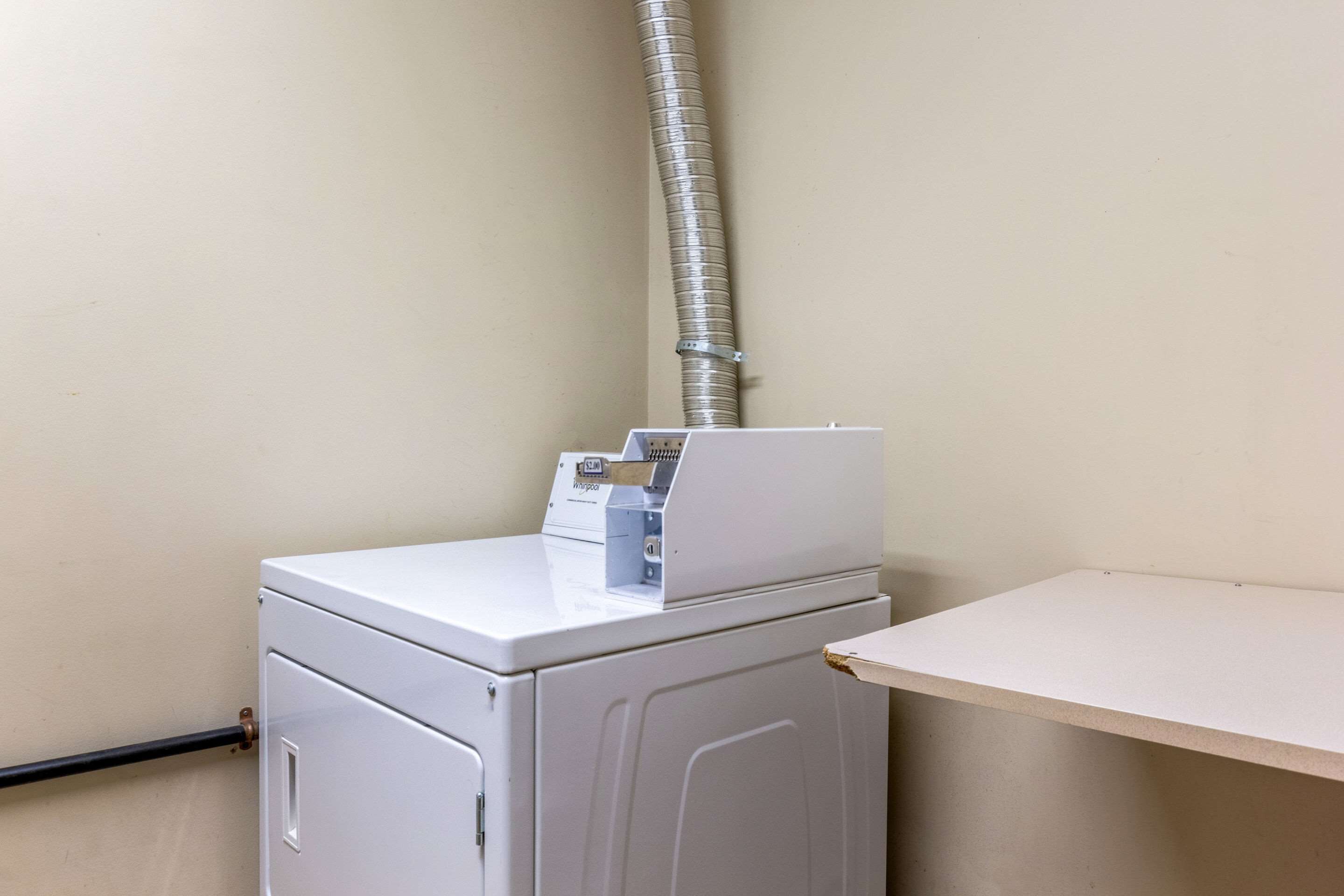 Une machine à laver compacte et blanche, dotée d’un tuyau d’évacuation situé au-dessus, et placée contre un mur uni.