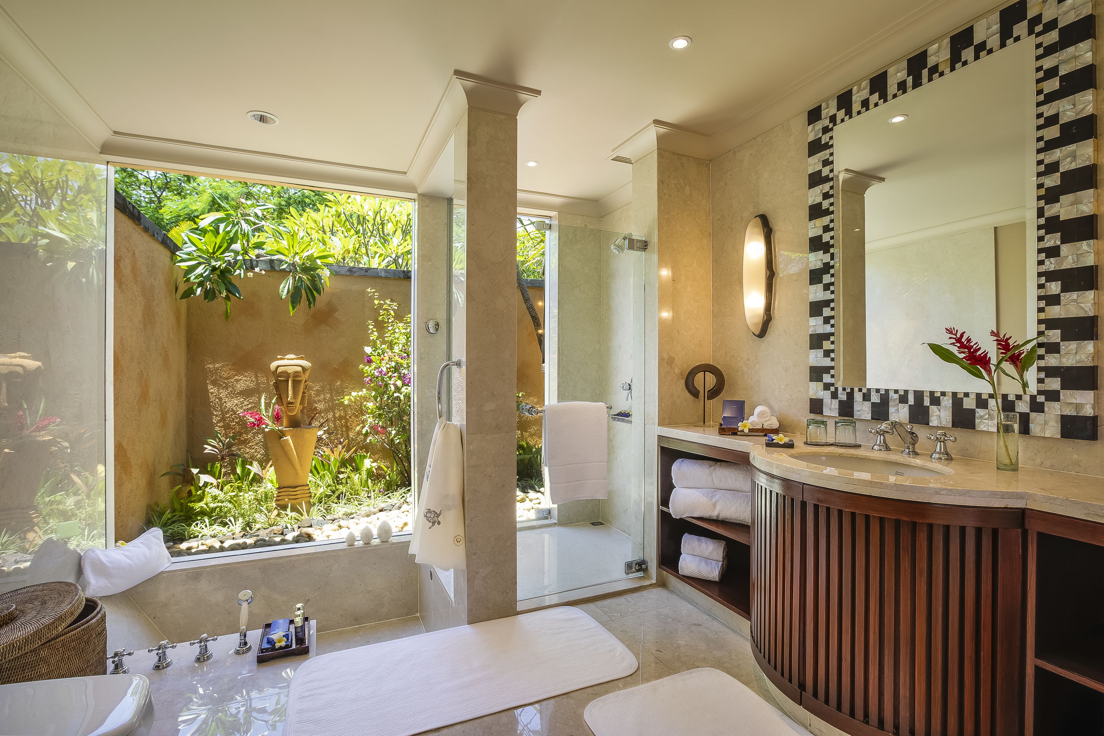 luxury pavilion with garden view | bathroom | combined shower/bathtub, deep-soaking bathtub, designer toiletries
