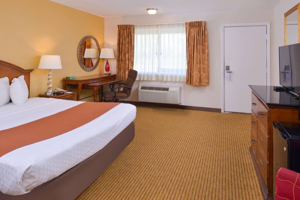 A hotel room with a large bed, a desk with a lamp, a chair, a television, and a wardrobe.