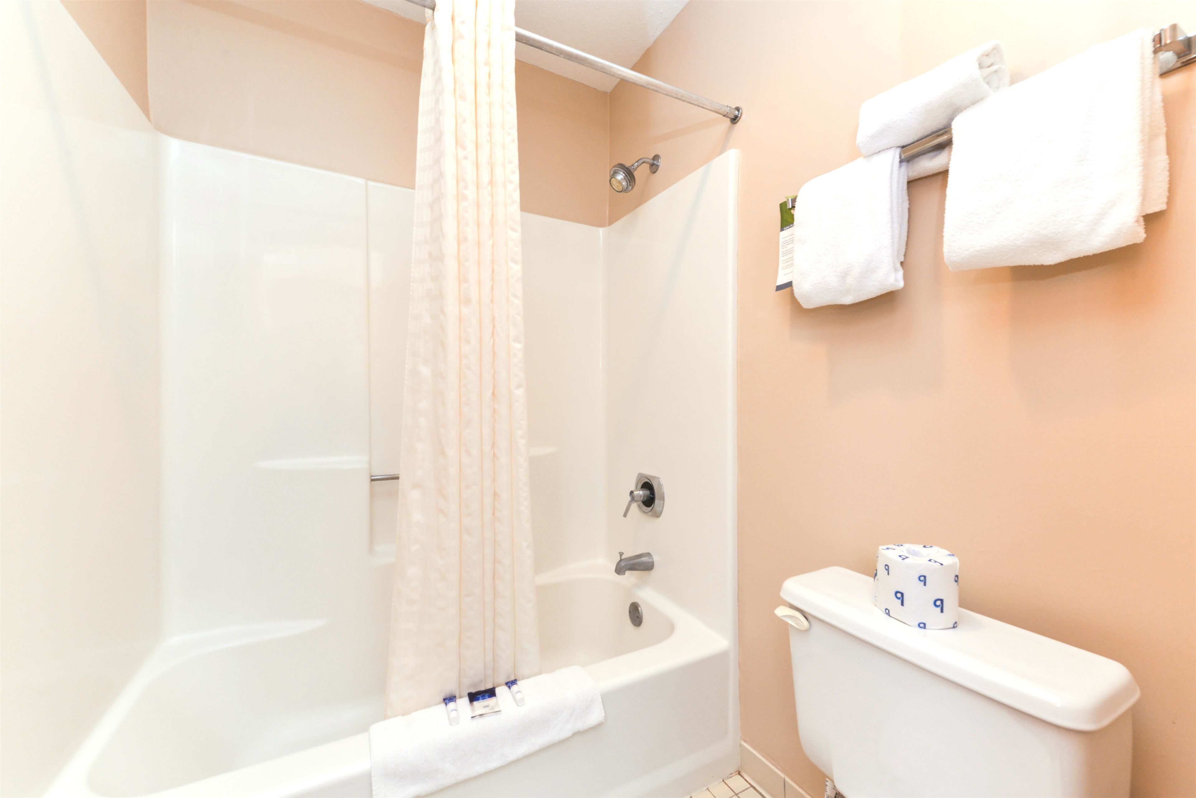 Un bagno con una vasca, tenda da doccia, WC e asciugamani appesi al muro.