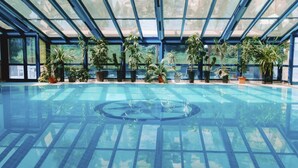 An indoor swimming pool with a glass ceiling and potted plants around the perimeter. - InterContinental Almaty by IHG (Almaty)