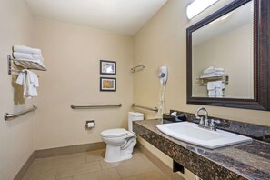 Combined shower/bathtub, free toiletries, hair dryer, towels