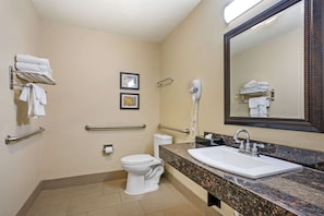 Combined shower/tub, free toiletries, hair dryer, towels