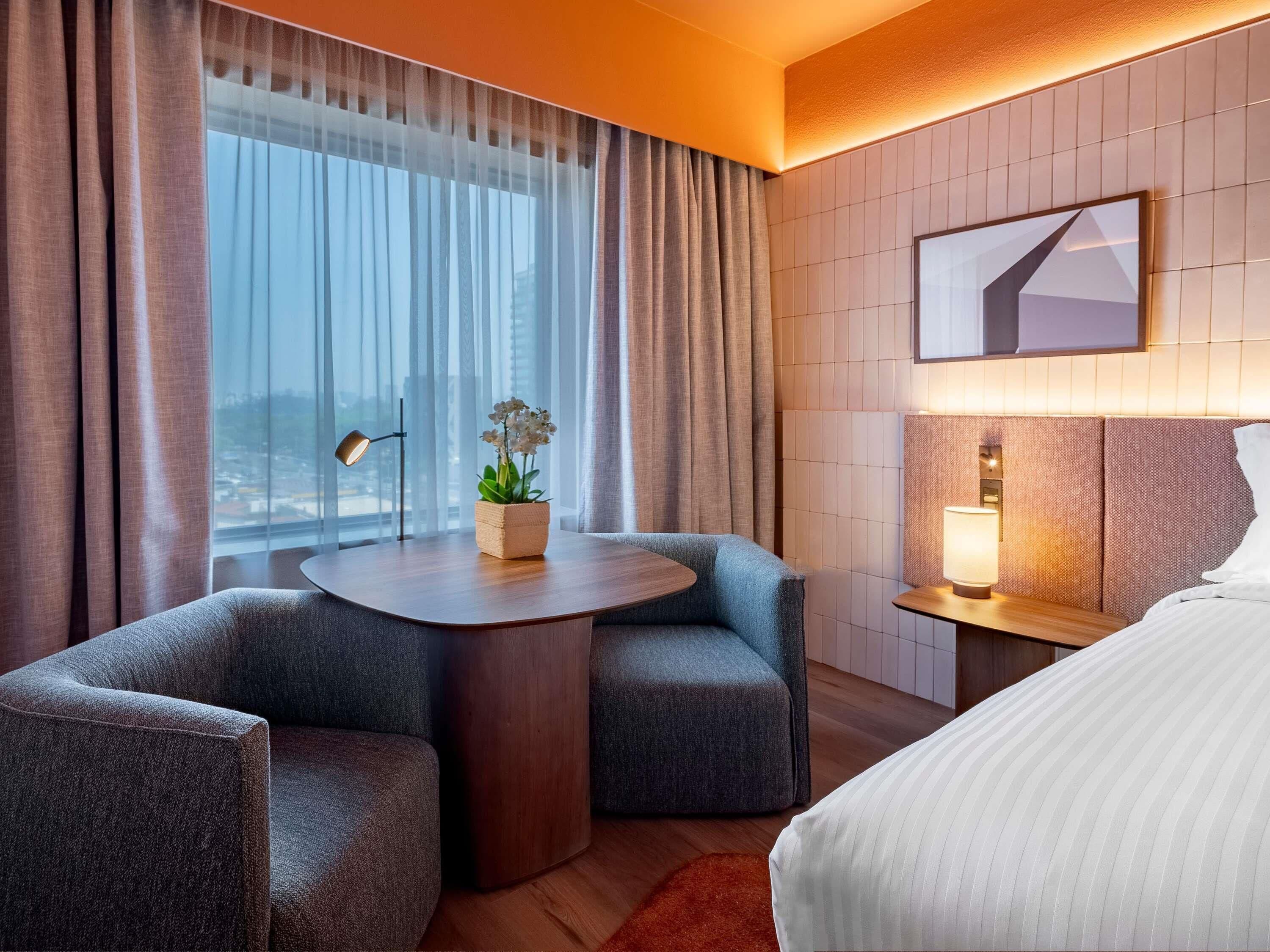 A hotel room with a bed, two armchairs, a small table with a plant, a lamp, and a city view.