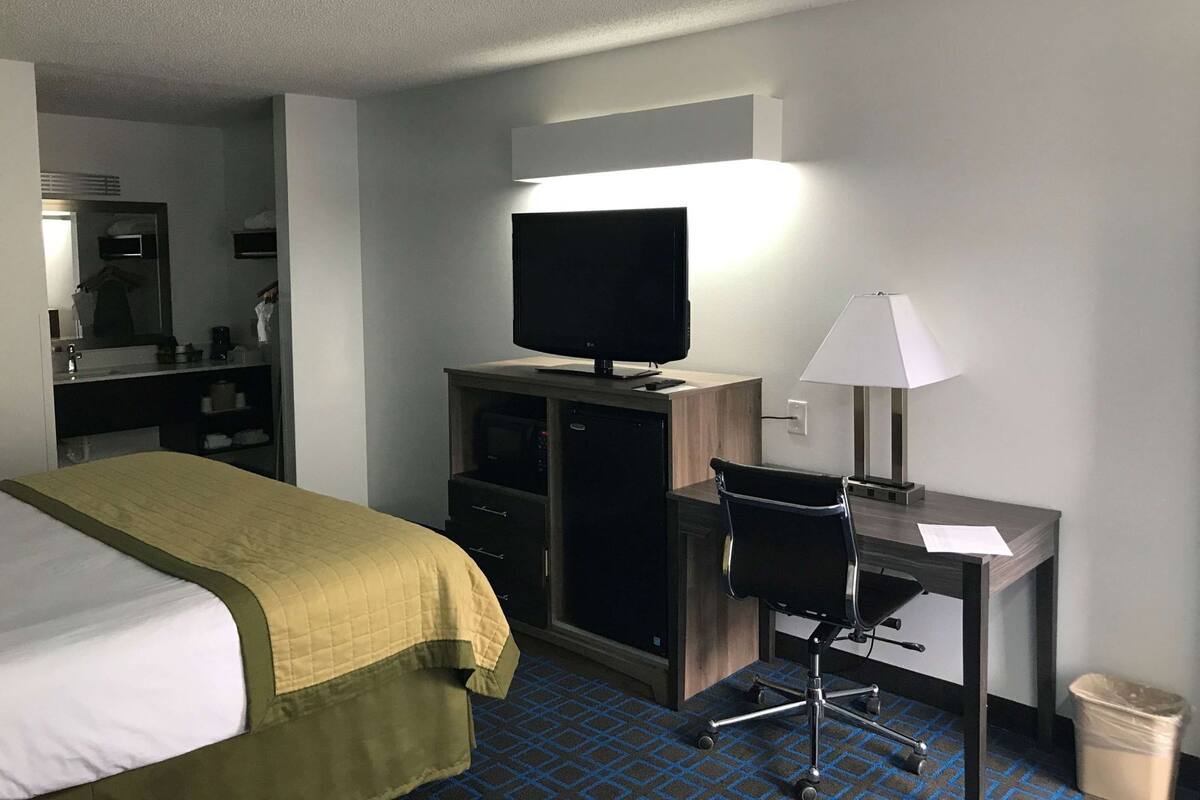 Une chambre d’hôtel comprenant un lit, un bureau avec une chaise, une télévision, une lampe de bureau et une poubelle.