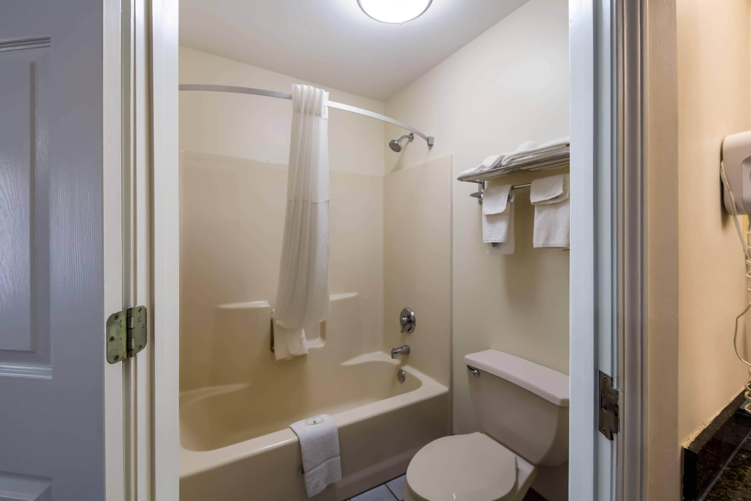 Une salle de bain avec une baignoire, des toilettes et un rideau de douche.