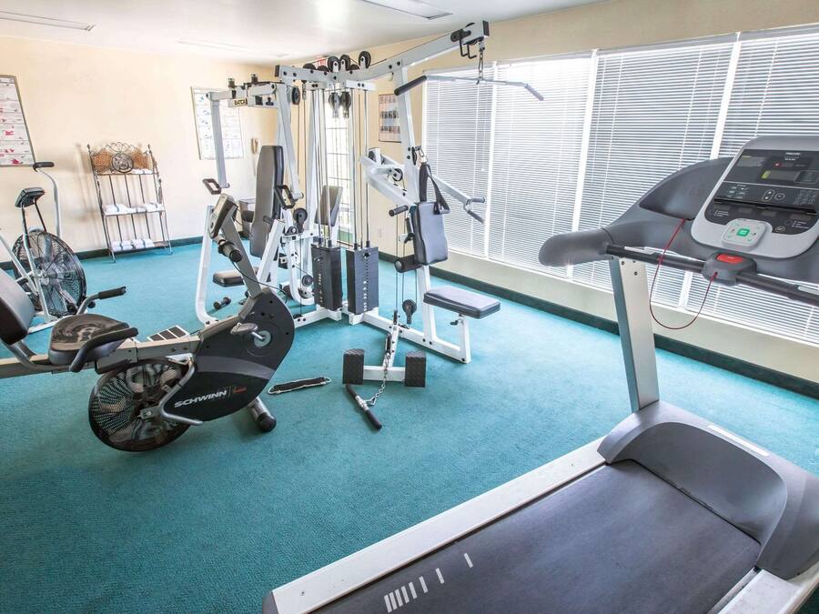 A gym with a treadmill, elliptical, and weight machines.