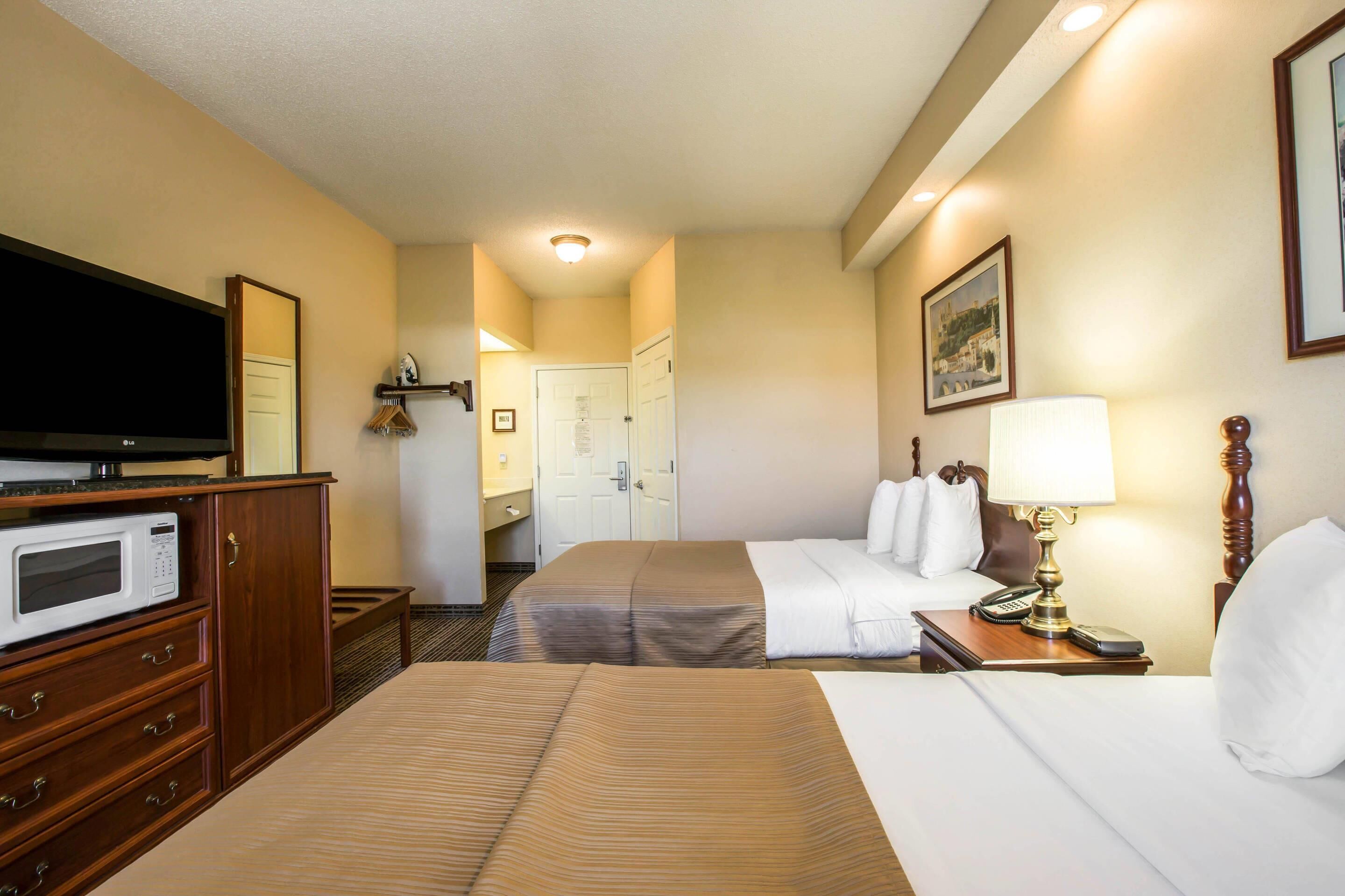 A hotel room with a bed, a bedside table with a lamp, a TV, a microwave, and a dresser.