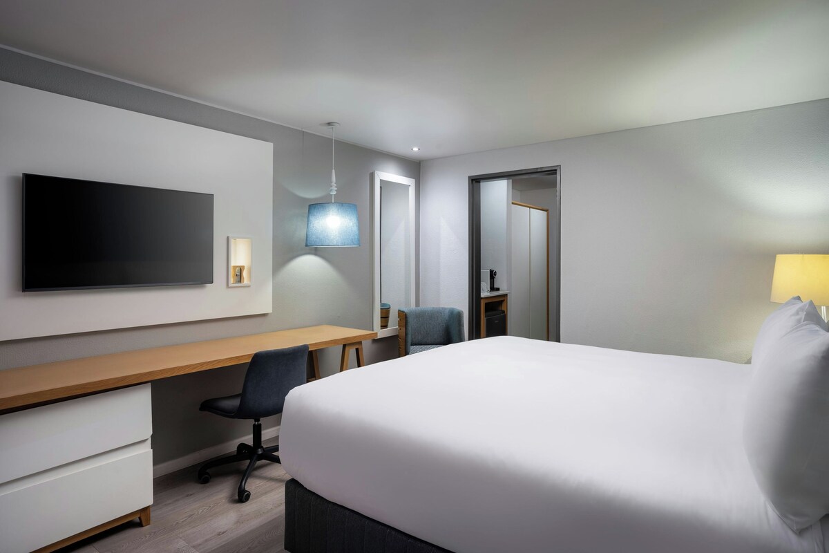 A hotel room with a bed, a desk, a chair, a TV, a lamp, and a mirror.