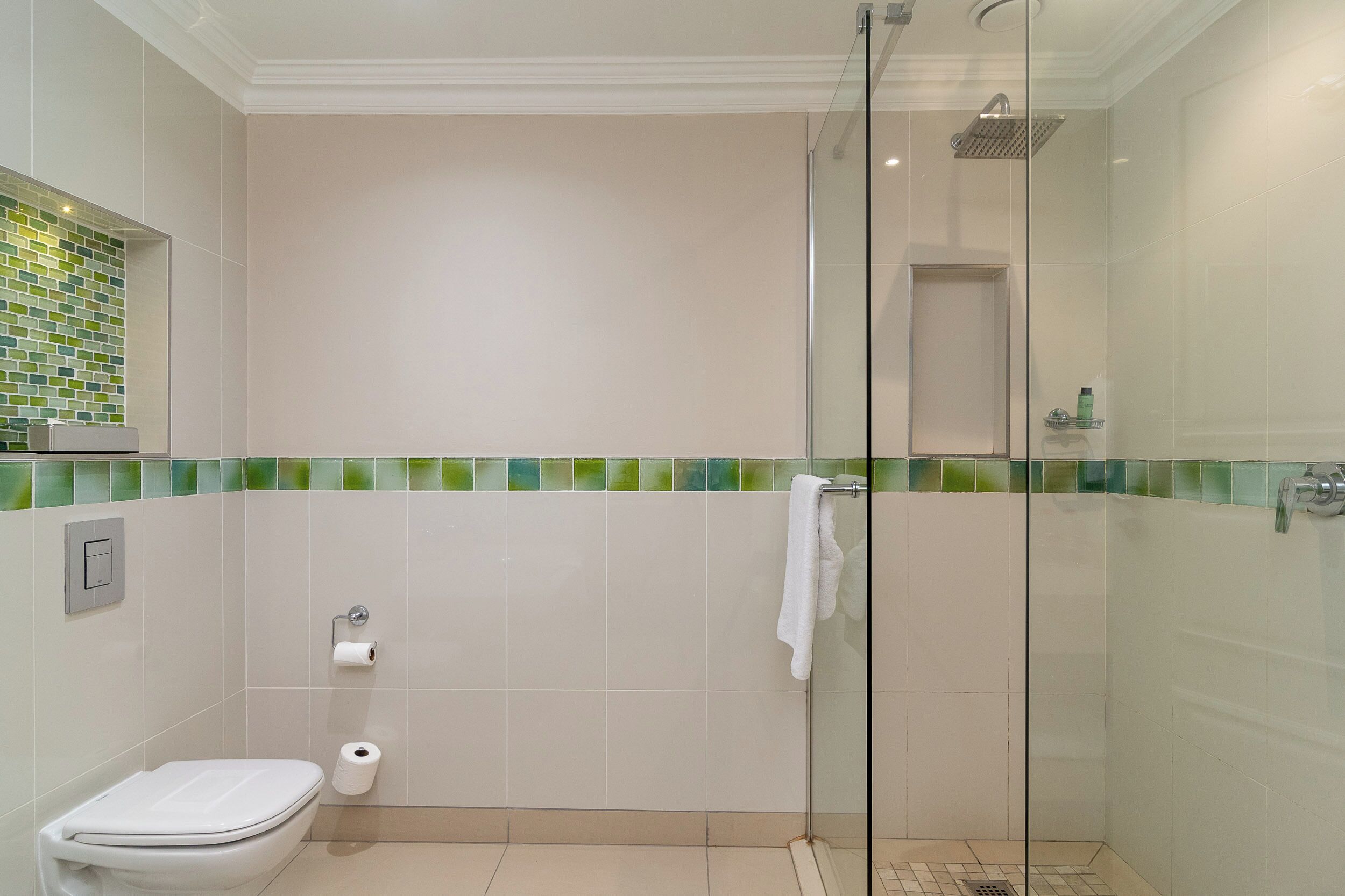 A modern bathroom with a glass-enclosed shower, a toilet, and a glass partition.