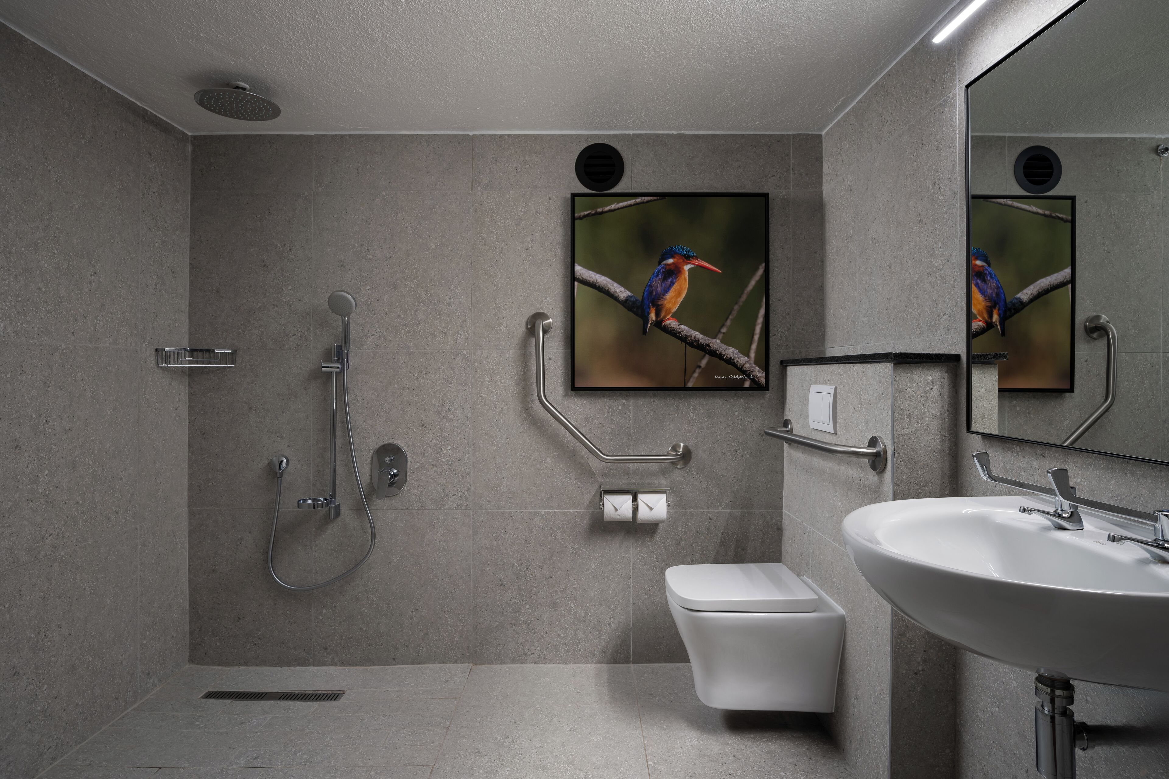 A modern bathroom with a shower, toilet, and sink.