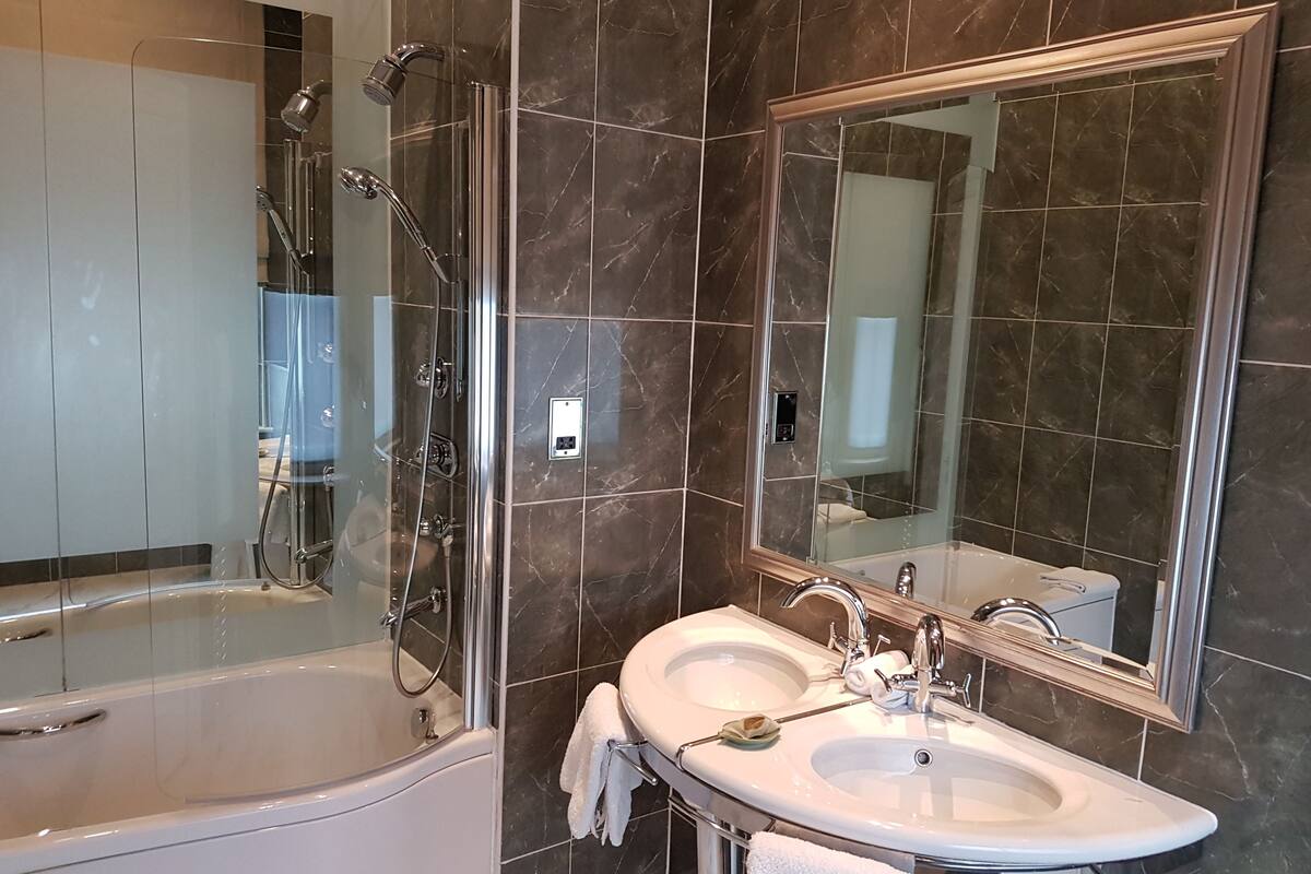 designer toiletries, hair dryer, towels