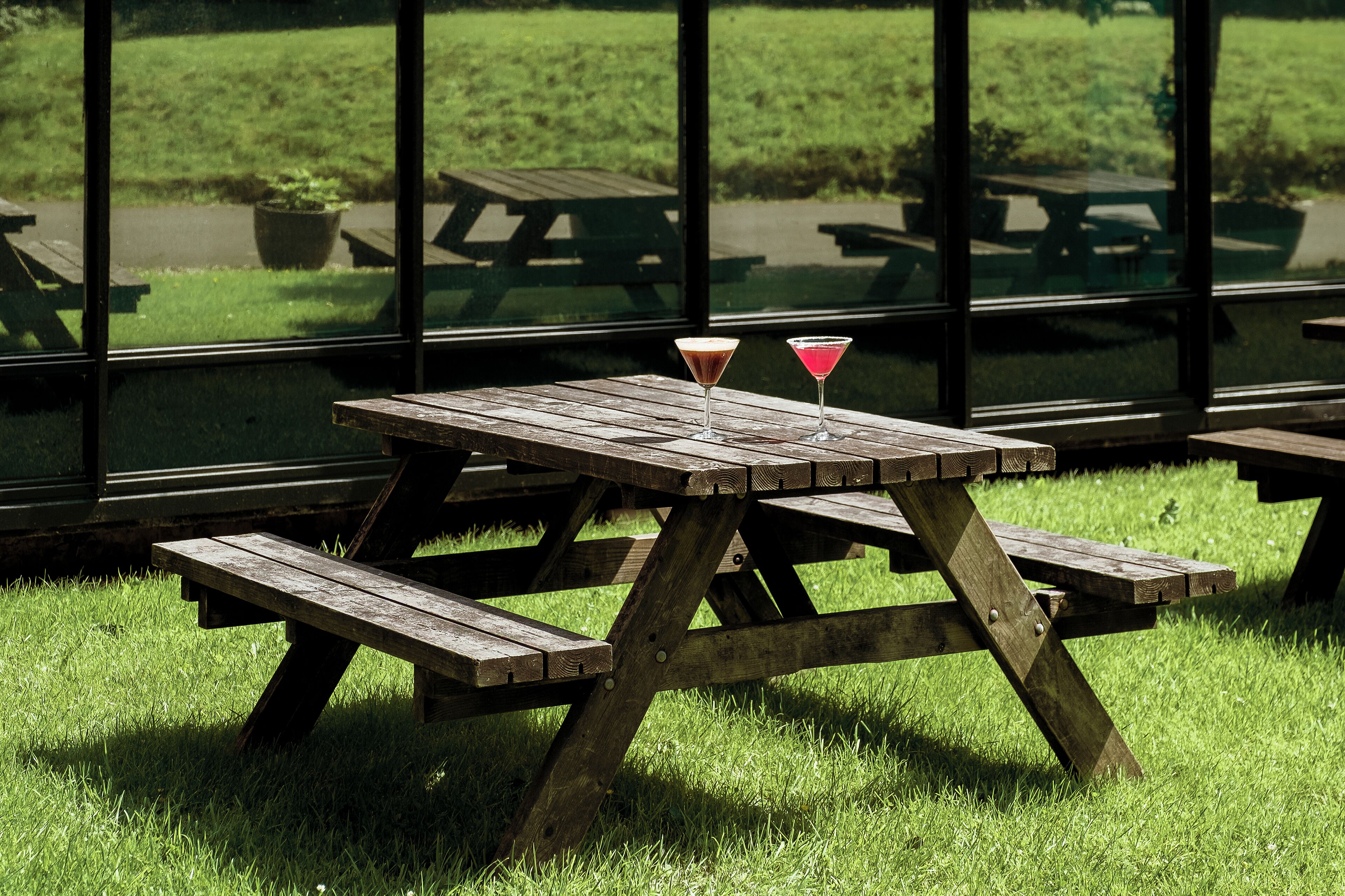 A wooden picnic table with two martini glasses on it, set on a grassy area with a view of picnic tables through large windows.