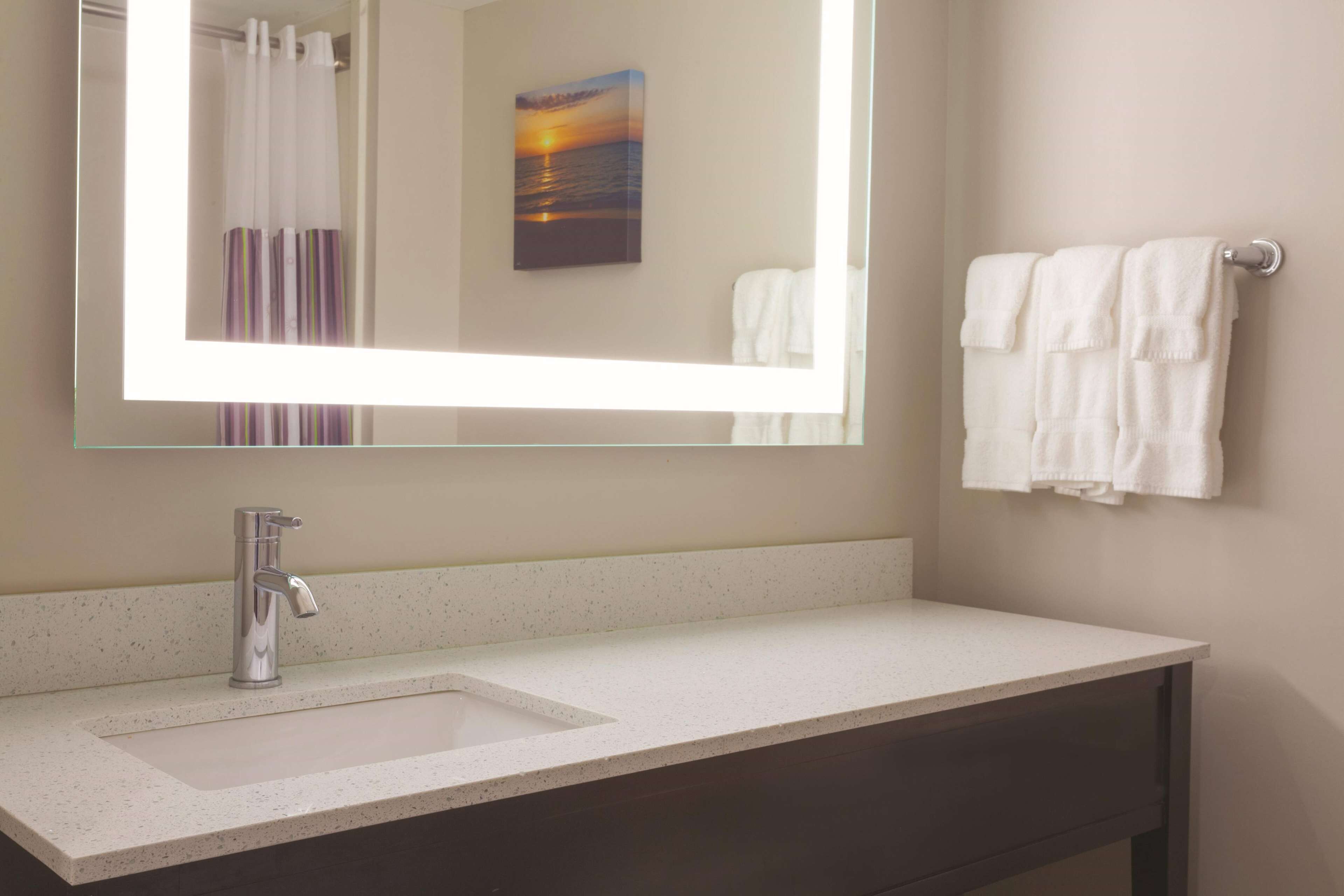 A bathroom with a large mirror, a sink, a towel rack with white towels, and a painting of a sunset on the wall.