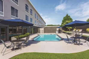 Seasonal outdoor pool, sun loungers