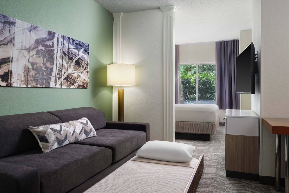 A hotel room with a sofa, a bed, a desk, a lamp, and a TV.